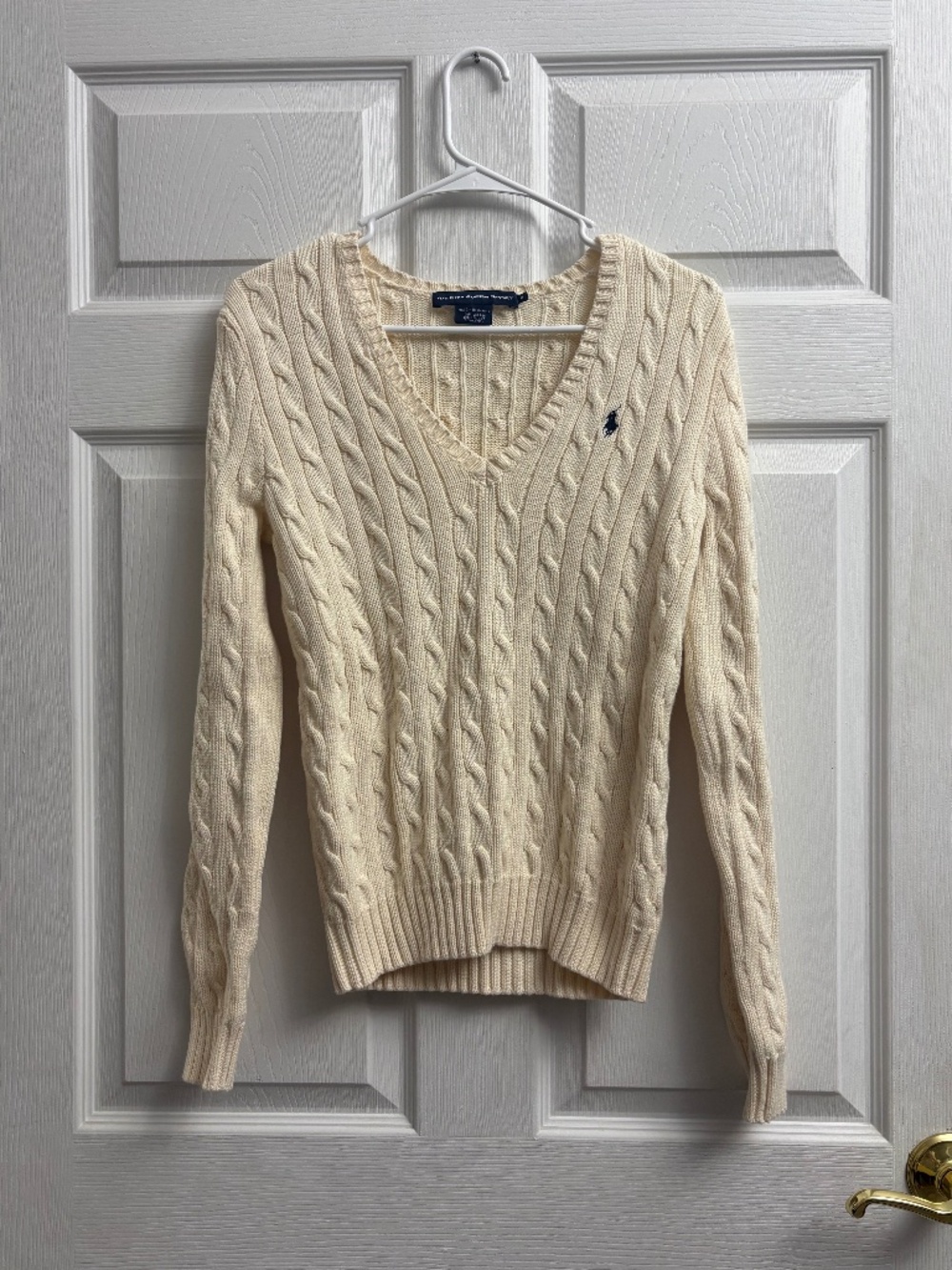 Women's Vintage Cream Ralph Lauren Cable Knit V-Neck Sweater